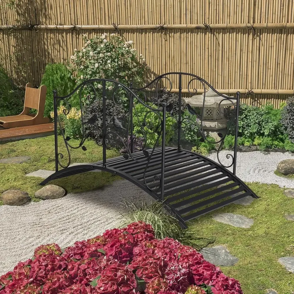 Outdoor Decorative Garden Bridge with Guardrails, Metal Arch for Lawn, Pond, Yard, and Patio (Black)