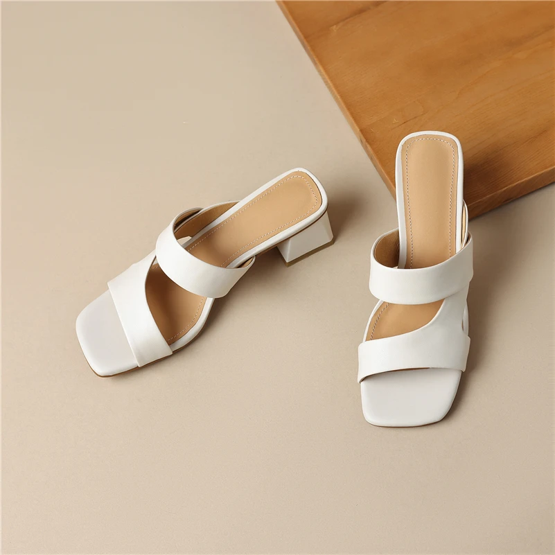 Meotina Women Genuine Leather Slides Square Toe Thick Mid Heels Sandals Sheepskin Slippers Ladies Fashion Shoes Summer Apricot