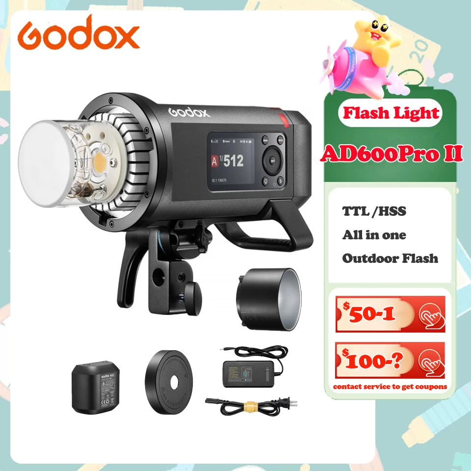 Godox AD600Pro II Flash esterno 0,01-0,9S Tempo di riciclo HSS TTL 600w 5800K Luce Canon Nikon Sony Olympus Fuji Panasonic