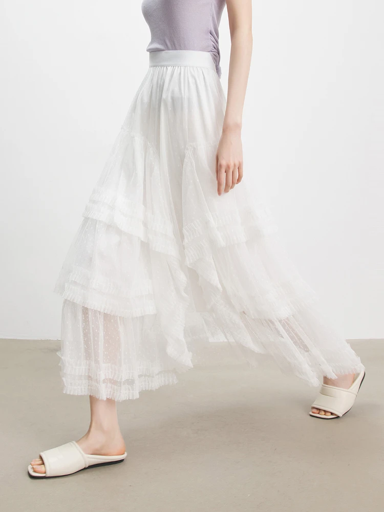 

Юбка-миди Annata белая в горошек с кружевом, длинная, А-силуэт, женская, летняя, из полиэстера, с высокой талией, в деловом стиле