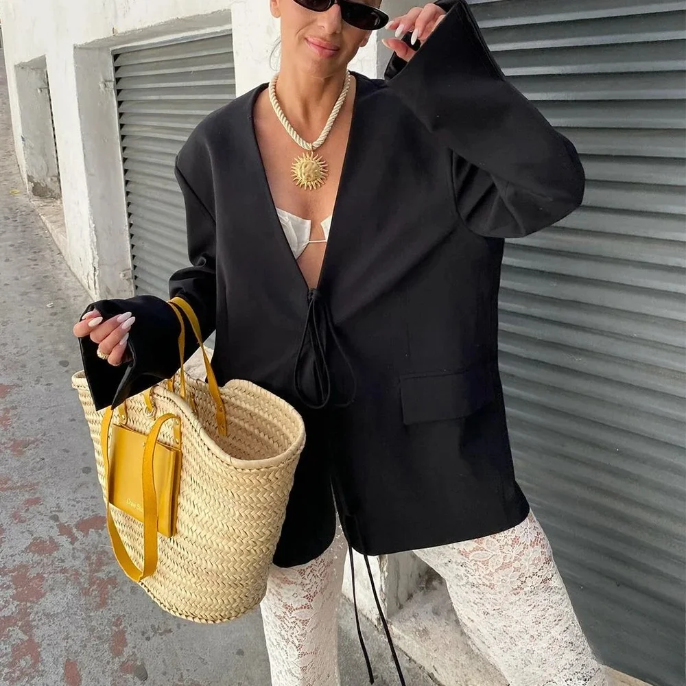 

KONDALA Women Fashion Spring Fall 2025 Solid Black Women Blazer V-Neck Loose-Fitting Bow-Tie Blazer Office High Street Blazer