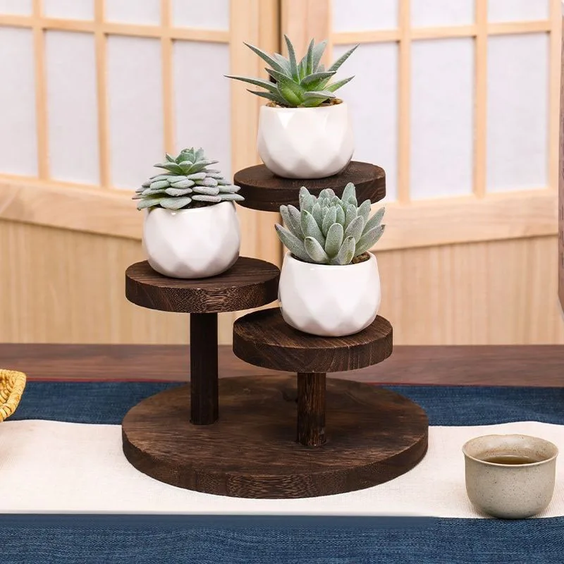 Solid Wood Retro Succulent Display Stand Small Plant Holder for Balcony Bay Window Desktop Creative Light Luxury Home Decor