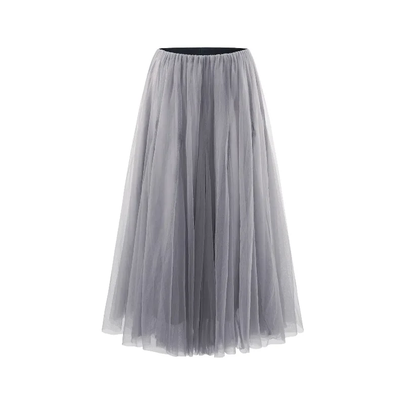 Falda elegante de malla de cintura alta, falda larga de tul Vintage para mujer, falda larga acampanada de otoño para aspecto informal diario o de fiesta