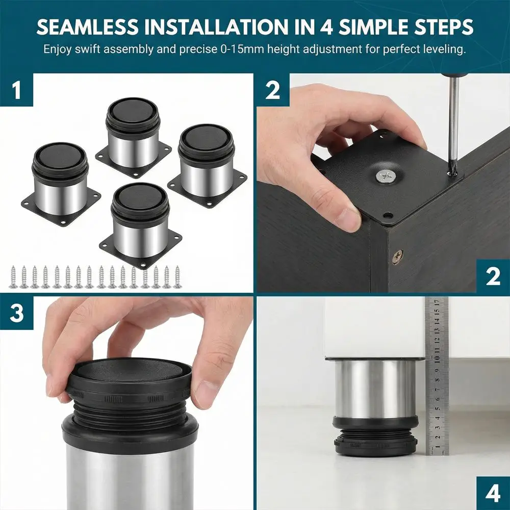 

Комплект из 4 регулируемых ножек для мебели из нержавеющей стали с 16 винтами, круглые металлические опоры для шкафов