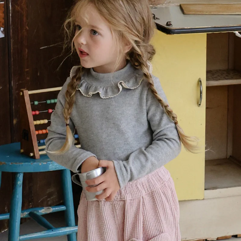 

Базовая футболка для девочек, зима 2025 года, новая модная теплая детская футболка с высоким воротом и длинными рукавами, милая короткая юбка из чистого хлопка