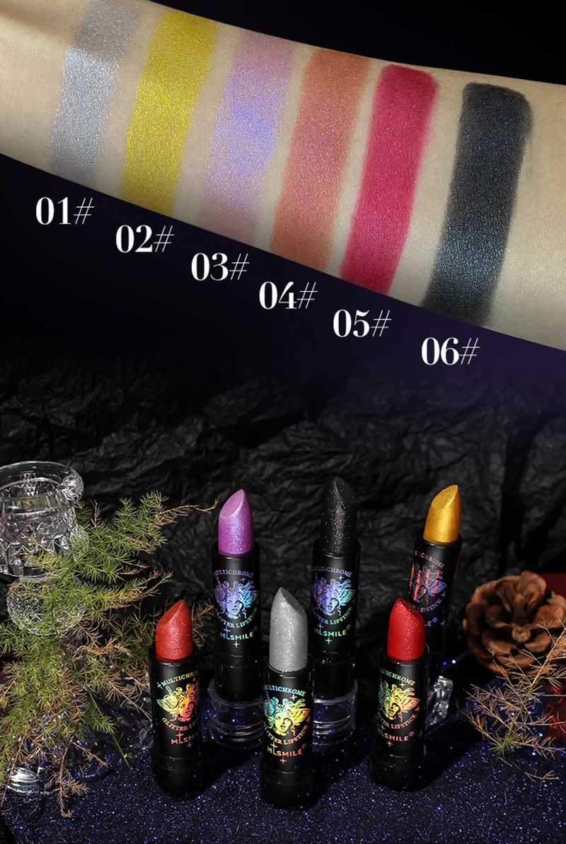 6Colors Glitter Lipstick Waterproof Long Lasting Diamond Pearlescent Metallic Lipstick Black Lipgloss Women Lips Makeup Cosmetic