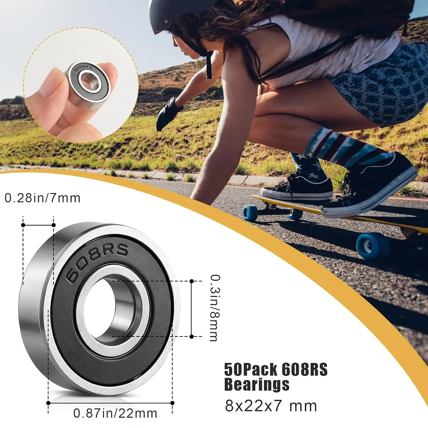 50 Pack 608 RS Bearings 8x22x7mm Ball Bearing Grease Seal Assembly for Roller Skateboard Small 8mm Roller Bearings