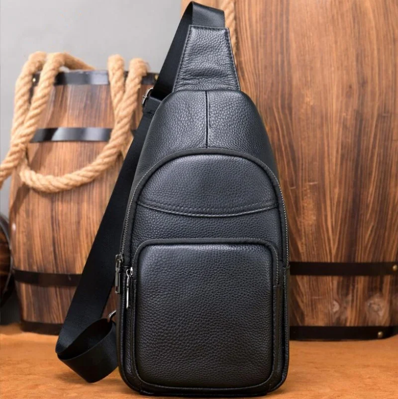 Cowhide Genuine Leather Sling Bag Men Chest Bag Casual Traveling Chest Pack Black Men's Shoulder Bags Designer