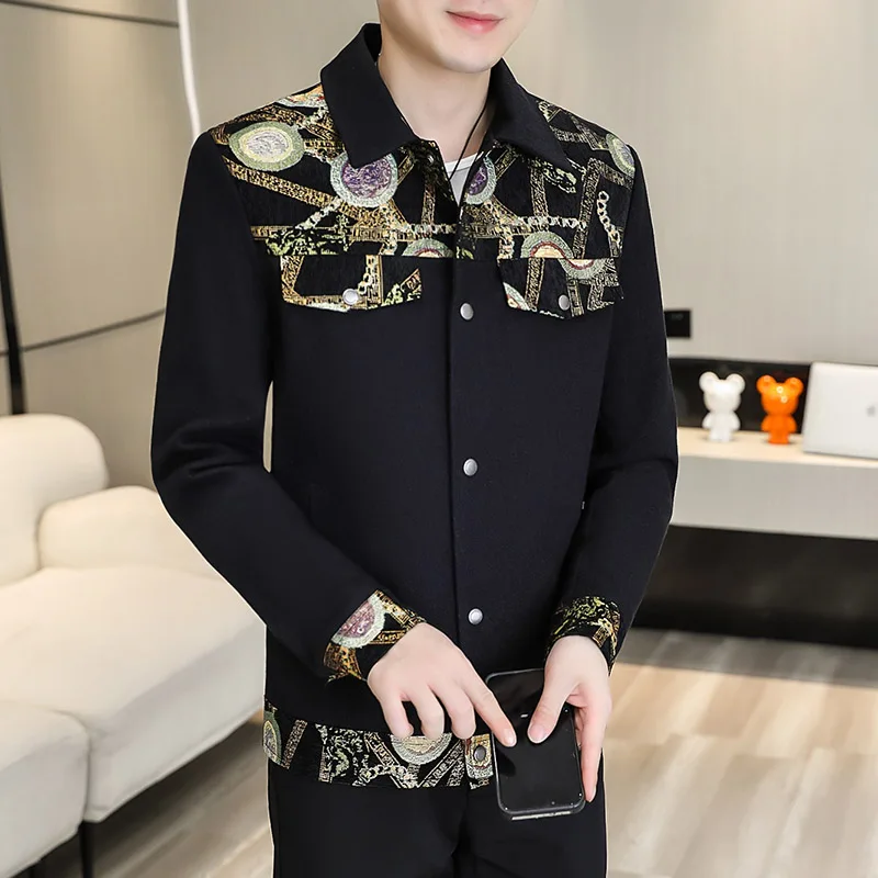 Luxury Retro Patchwork Jacket for Men Casual Jackets Slim Fit Business Lapel Coats Outwear Streetwear Windbreaker Jacket Coat