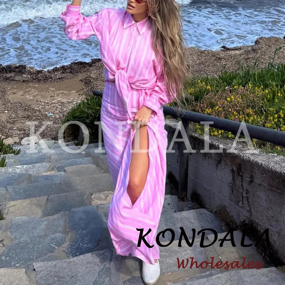 KONDALA Chic Fashion 2026 Women Pink Casual Striped Suits Single Breasted Loose Shirt+Draped Long Midi Split Skirt Female Sets view 2