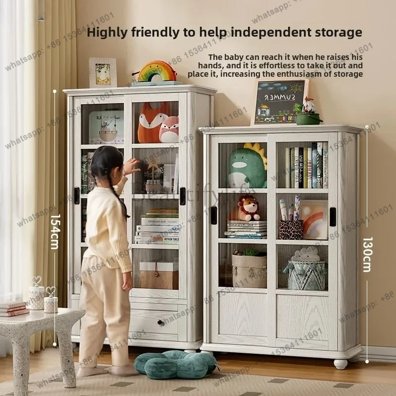 with glass door household floor rack living room solid wood bookshelf dust-proof sliding door display cabinet