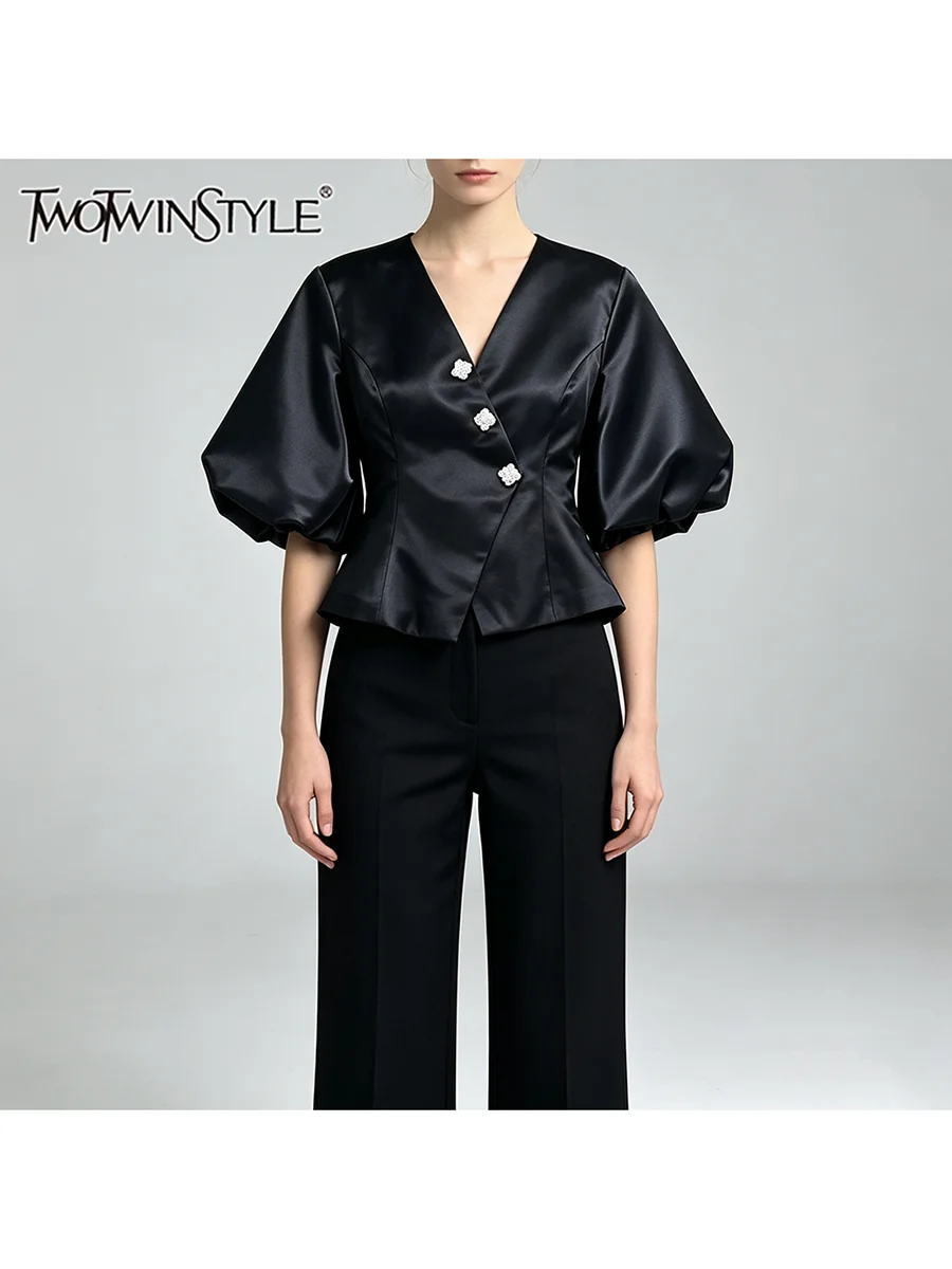TWOTWINSTYLE Solid Spliced Diamond Fitted Causal Blouse for Women V Neck Bubble Sleeve Patchwork Folds Top Female Fashion New