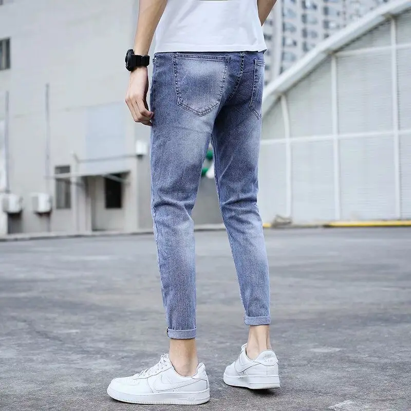 Size 28-34 Men Ripped Jeans Spring Summer Autumn Fashion Casual Hole Slim Fit Skinny Stretch Long Denim Pants Blue