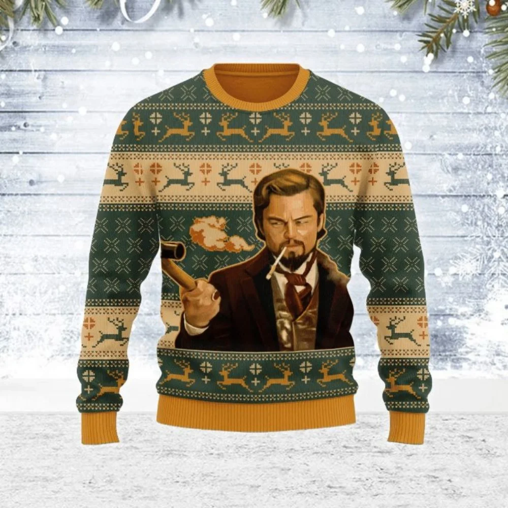 Suéter de Navidad feo para hombres, ropa de otoño e invierno, suéter de Papá Noel Clau, sudadera 3D, ropa de risa, Leo DiCaprio Meme, regalo, 2024