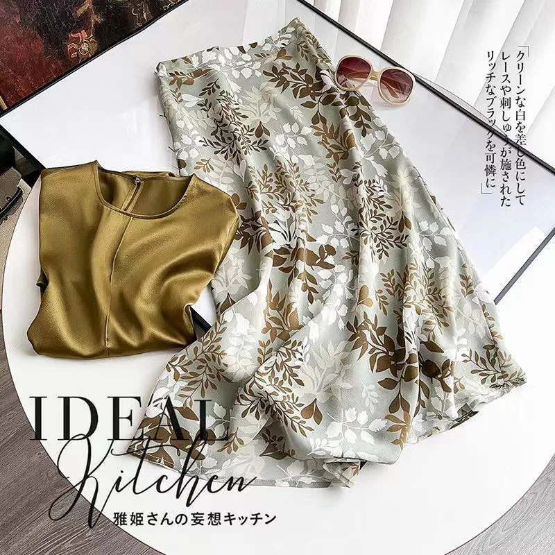 

High End Silk Satin 2 Piece Set Women Short Sleeve T Shirt Zipper Floral Print Midi Skirt Suit Summer Clothes