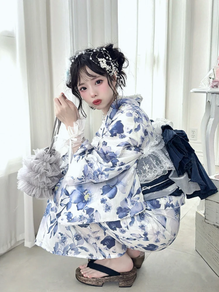 Traditional Japanese Yukata Set Light Blue Watercolor Iris Print Separate Design Bathrobe Women's Fashion Spring Summer