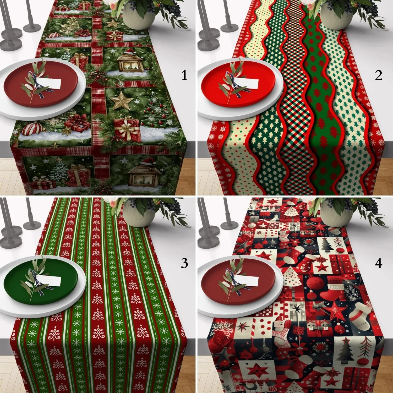 Christmas Table Runner: Snowflake and Tree Decor (Red Green)，Christmas Party Runners, Christmas Fun Table Runners