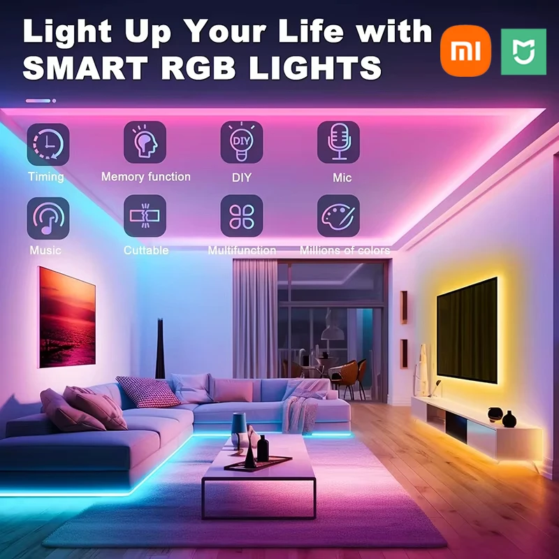 Xiaomi lampu Strip LED USB 5050 RGB, kontrol aplikasi 5-10m, pita Diode lampu Led Bluetooth berubah warna untuk dekorasi kamar lampu belakang TV