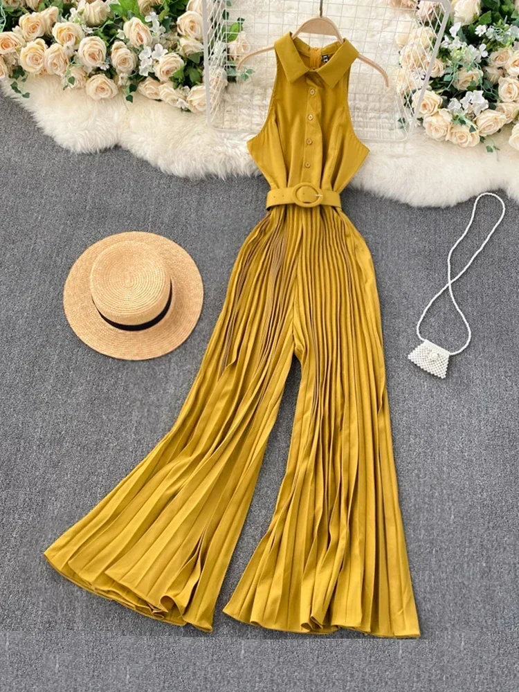 New Women's European American Style Jumpsuit Women Temperament Lapel Slim Breasted Heavy-duty Pleated Wide-leg Pants UK914