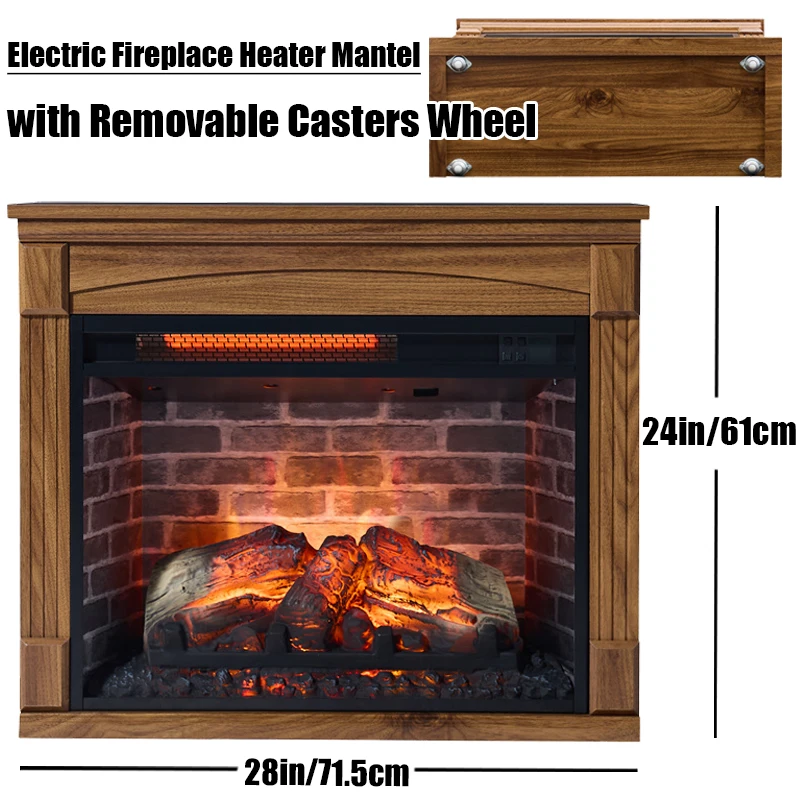 28in Low Noise Electric Fireplace Heater Mantel with Removable Caster Wheel Multi-Color Flame Timer Remote Control Operation