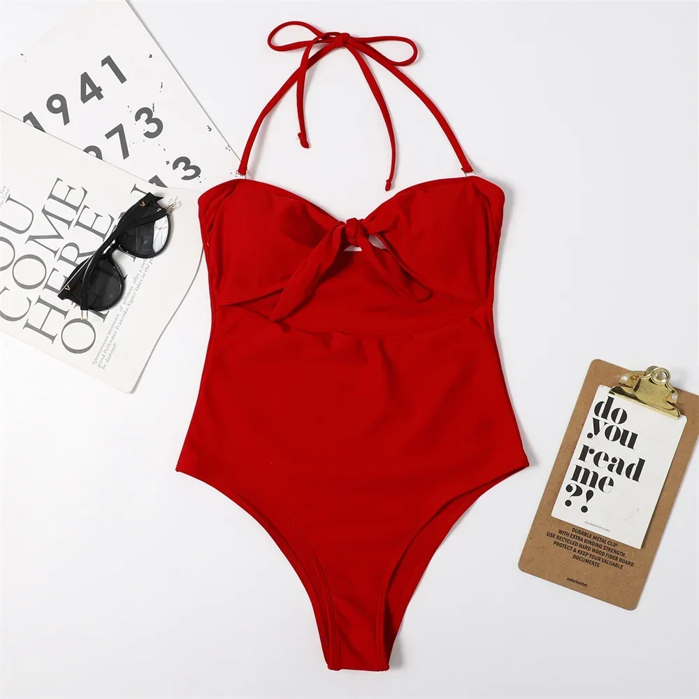Retro Knot String Bikini Bandeau Swimsuit Hollow Out Sexy Vacation Swimwears One-Piece Women Bathing Suit Monokini Beach Outfits
