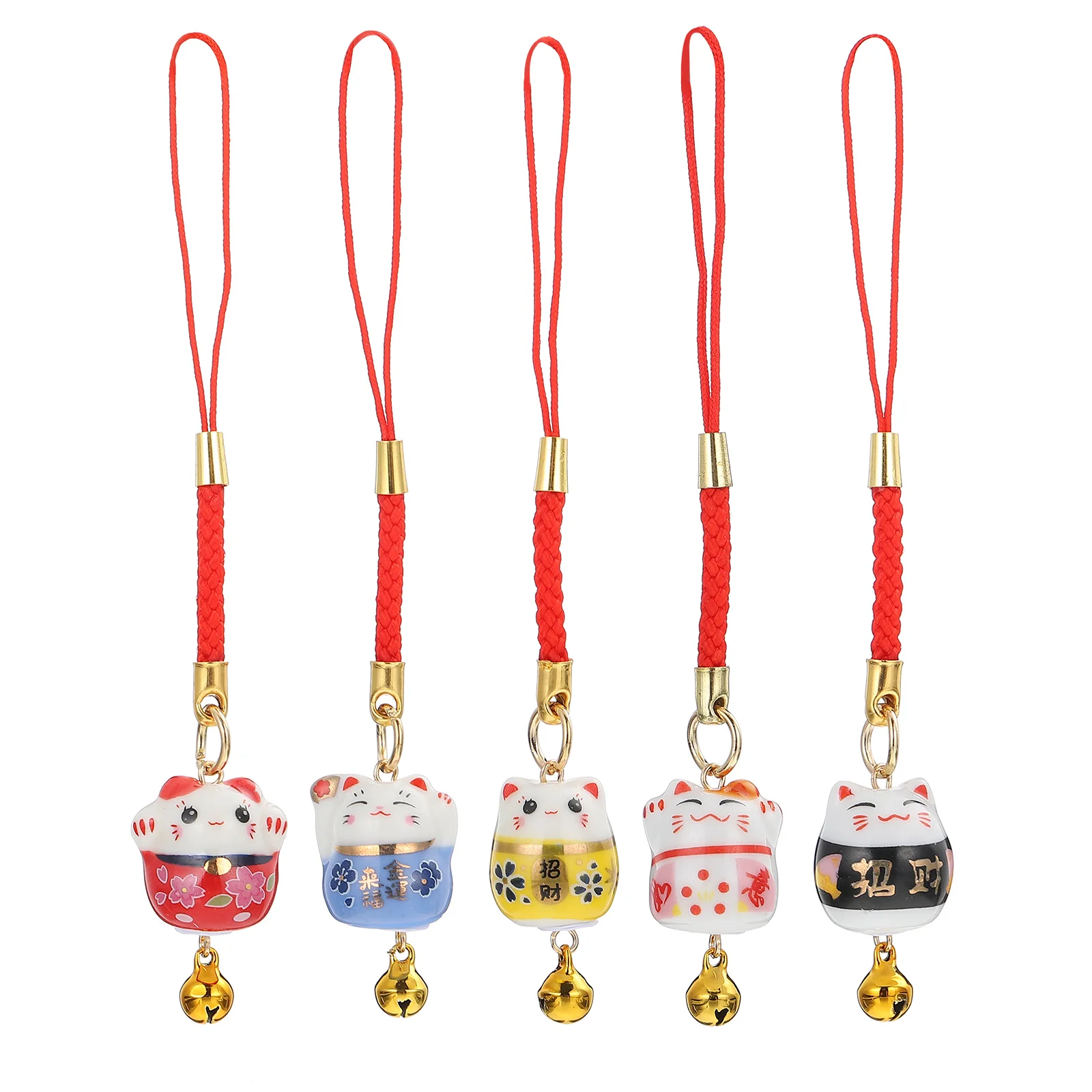 

5 Pcs Intelligent Lucky Cat Ornament Key Lanyard Lovely Phone Chain Ceramics Decoration