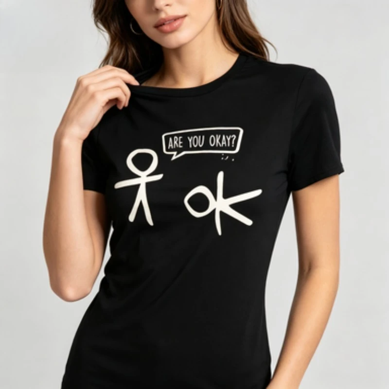 Women Casual Crew Neck Tee, Light‑hearted Cartoon Doodle Print T‑Shirt, Fun Stick‑man Graphic Daily Wear Ladies Short Sleeve Top
