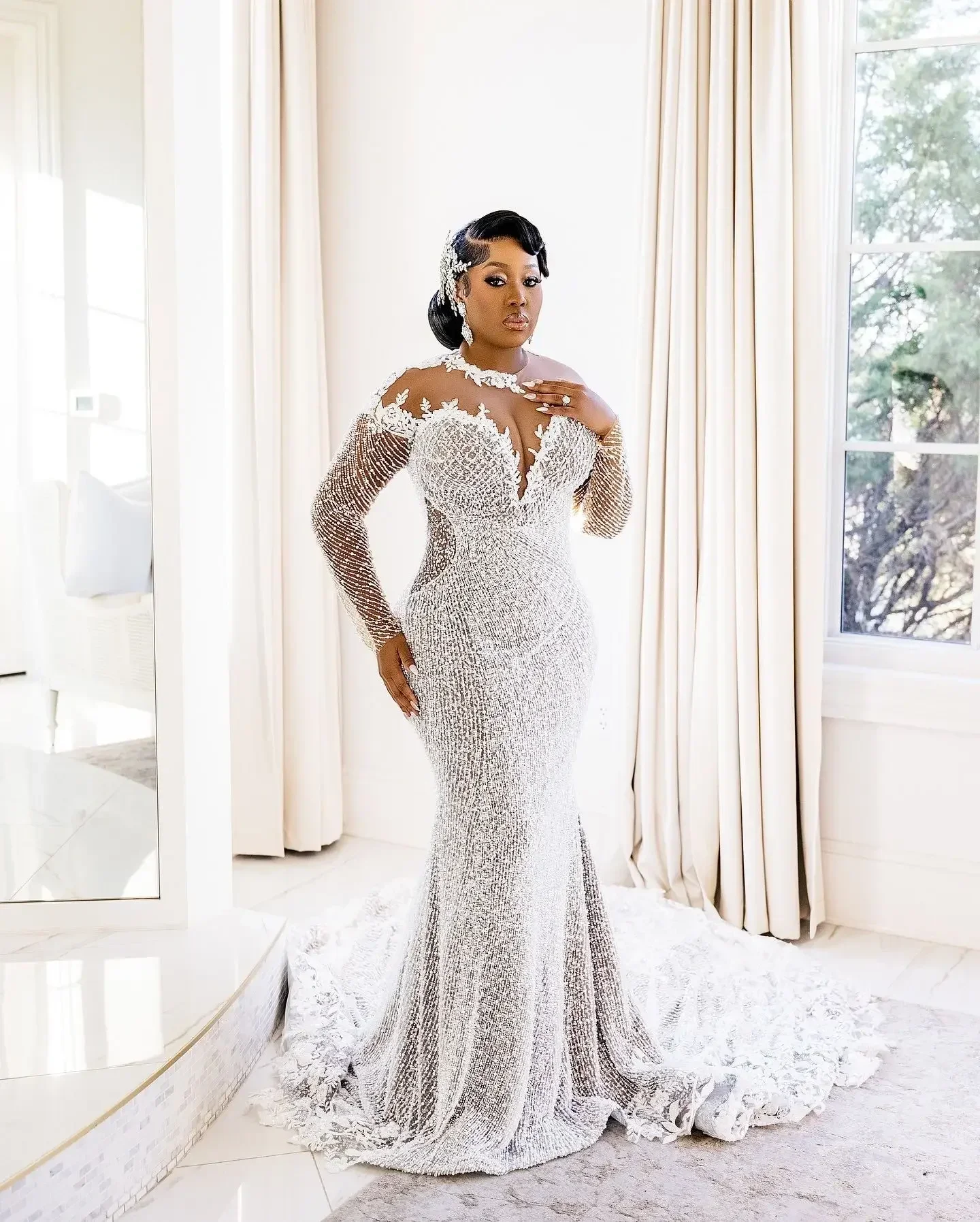 Customized Arabic Plus Size Ivory Illusion Wedding Dress Pearls Beaded Lace Full Sleeves Bridal Gowns Dress For Brides
