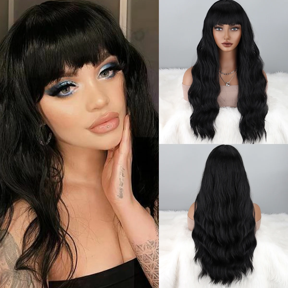 

Black Wig with Bangs for Women Long Black Wavy Wigs 26 Inch Natural Black Wigs Natural Looking Heat Resistant Synthetic Wig