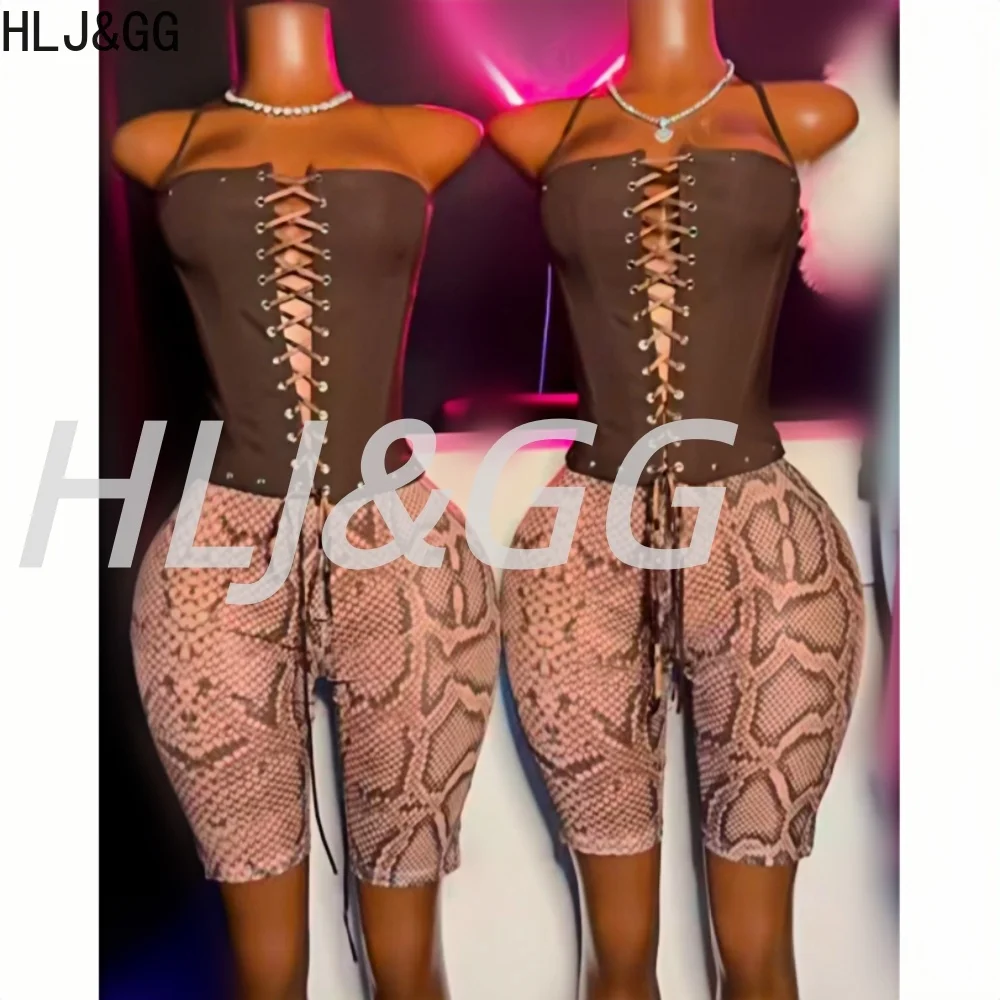 HLJ&GG Sexy Leather Hollow Bandage Halter Two Piece Sets Women Sleeveless Slim Crop Top + Mesh Leopard Shorts Outfits Streetwear view 3
