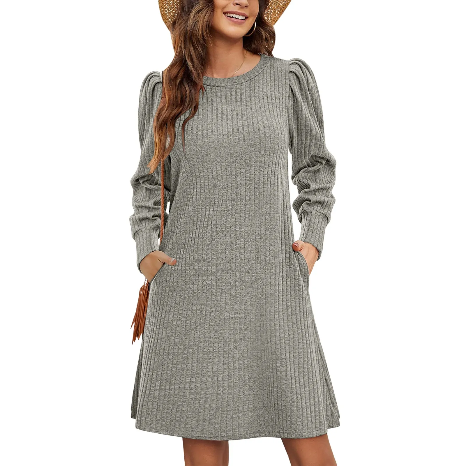 Plus Size Formal Dresses Womens Fall Sweater Dress Casual Knitted Dress Wiht Pockets Puff Long Sleeve Tunic Dress платье женское