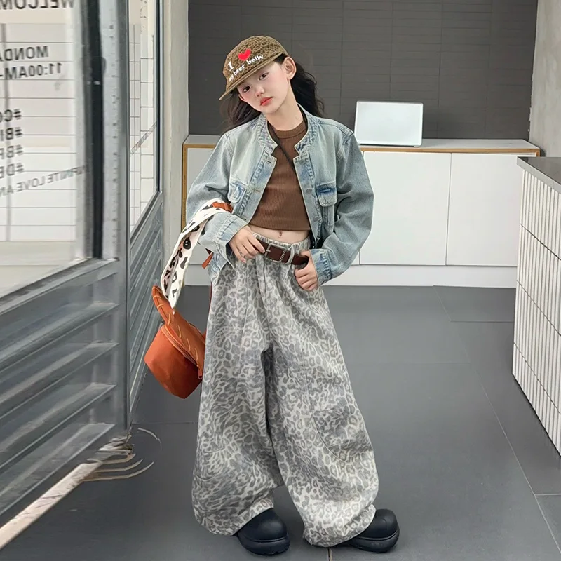 

Junior Girl 2pcs Set Autumn Retro Round Neck Single-breasted Coat+Leopard Print Wide Leg Pant Children Girl Outfit Kid Girl Suit