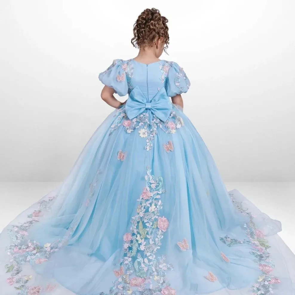 Customized Blue Flower Girl Dress For Wedding With Bow Tulle Floral Lace Appliques Kids Birthday Party First Communion Ball Gown