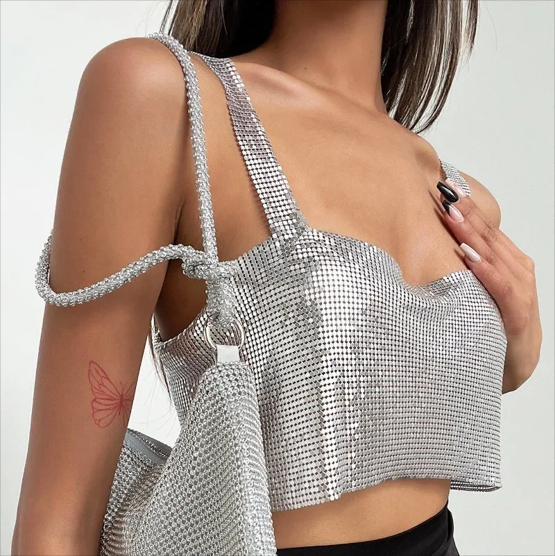 2023 Sexy Metal Sequin Tank Concert Top For Women y2k Summer Beach Backless Crop Top Rave Festival Club Outfits Camisole