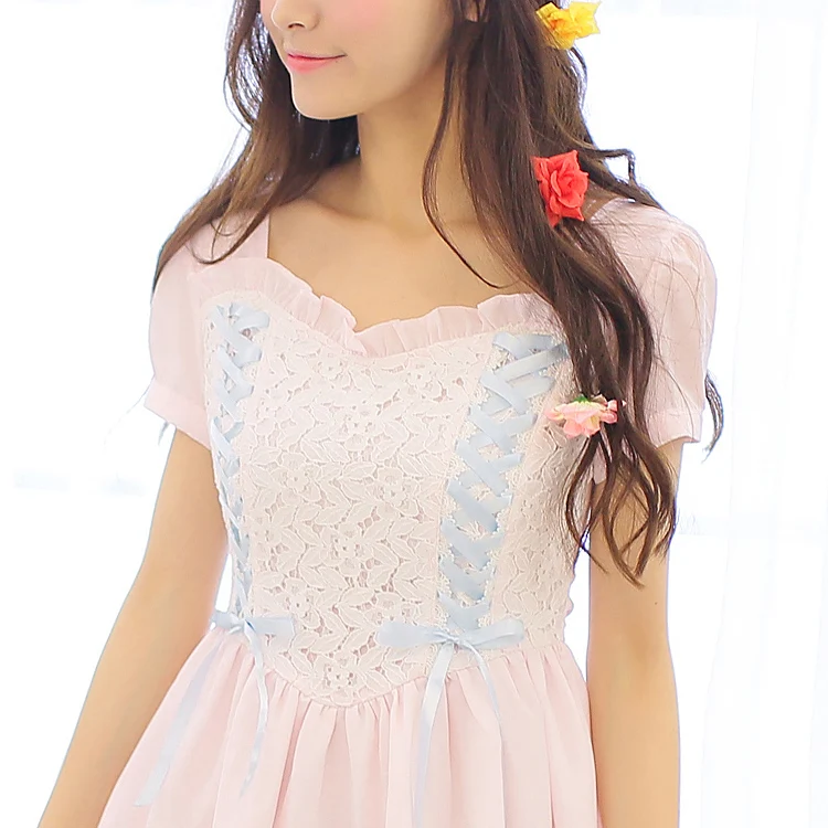 Japan Style Liz Lace Mesh Chiffon Mini Dress  Lisa Short  Sleeve Dresses