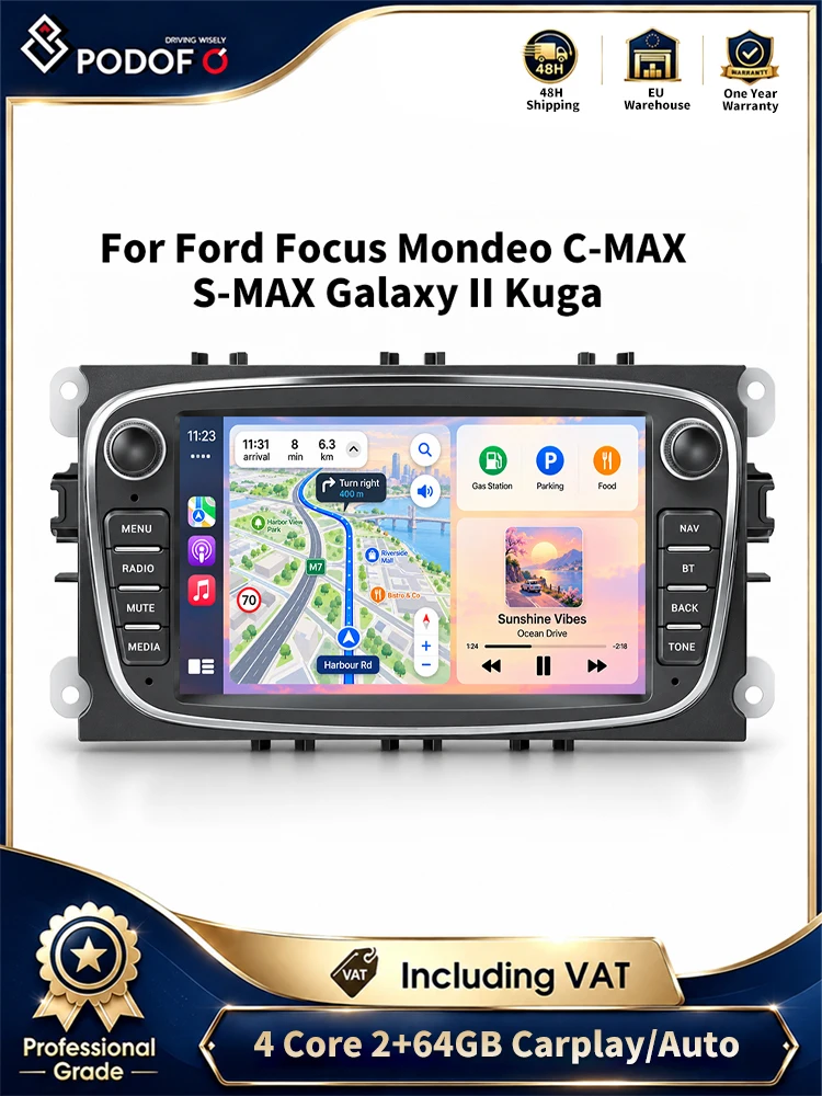 Podofo – samochodowe radio z systemem Android, podwójny format DIN, 7-calowy ekran dotykowy, 2 GB pamięci RAM + 64 GB pamięci wewnętrznej, nawigacja GPS, Wi-Fi, Bluetooth, FM, RDS, odtwarzacz muzyki — 2