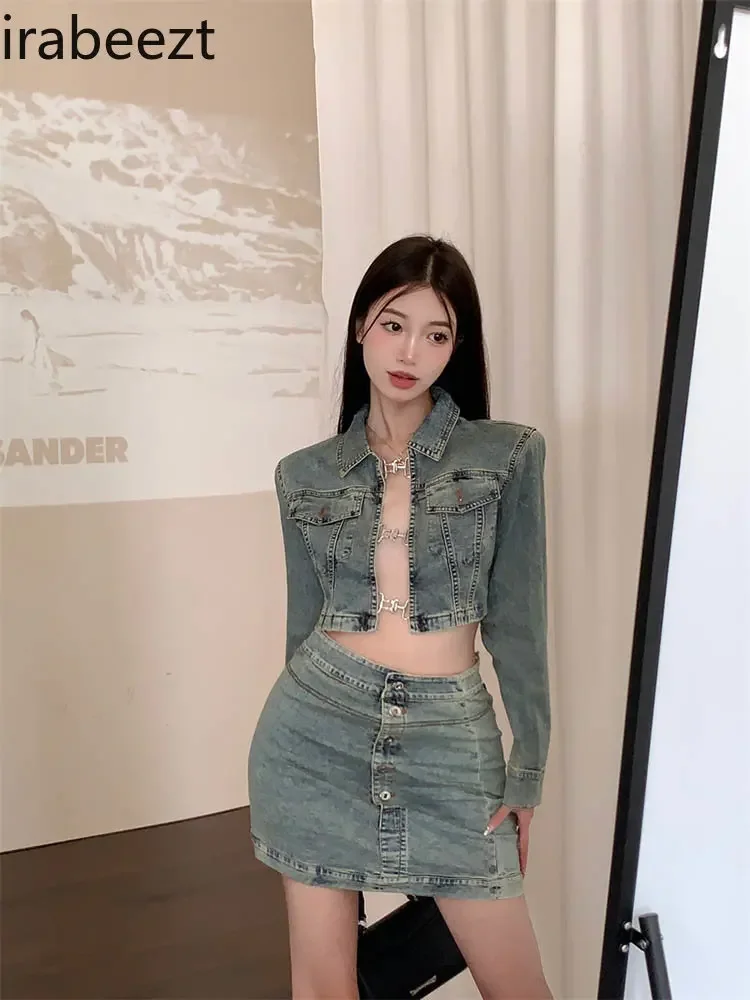 Irabeezt Two Piece Sets Womens Outifits Denim Coat Hollow Out Top Mini Skirt Solid Womans Clothes 2024 Autumn/Winter Skirt Sets