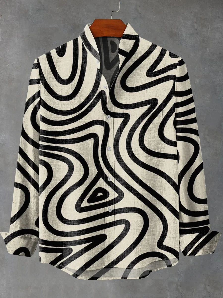 Moslim Kleding Heren Autumn Men's Stand-up Collar Linen Long-sleeved Shirt 3D Art Printed Simple Pattern Top Mens Casual Shirt