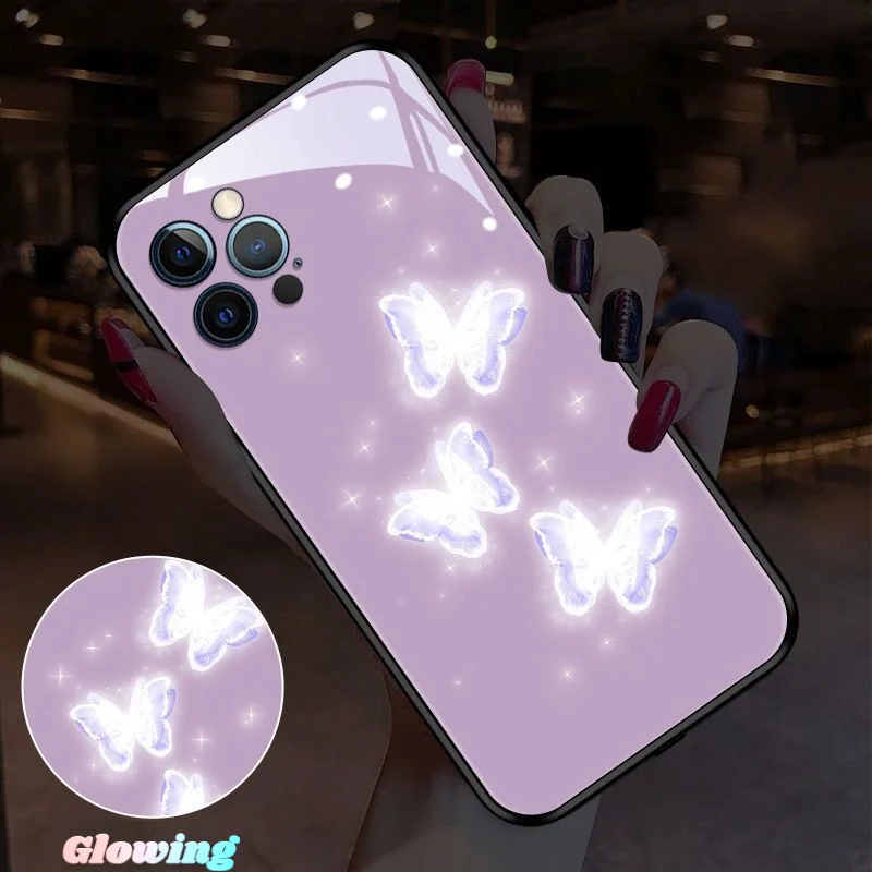 

Butterfly LED Light Glowing Luminous Tempered Glass Phone Case For Xiaomi 13 12 X 11 Pro Ultra Redmi K60 E K50 K40 S Cover Coque