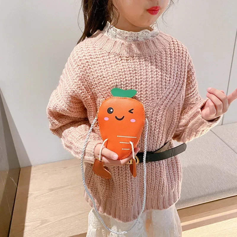 New Mini Cartoon Carrot PU Leather Children's Small Crossbody Bag Cute Kids One Shoulder Bag Boy Girl Sweet Messenger Bag Purse