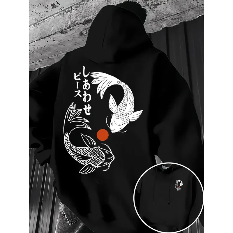 سويت شيرت رجالي بغطاء للرأس، نمط كوي - تصميم كوي هندسي وشخصيات يابانية، قابل للغسل في الغسالة #1