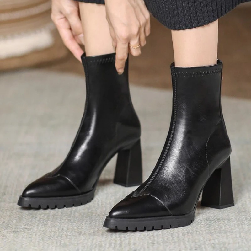 أشار تو النساء حذاء من الجلد عالية الكعب أحذية مثيرة شتاء 2025 ماركة مضخات مكتنزة أحذية بوت قصيرة البريدي تشيلسي الأحذية Mujer Zapatos #4