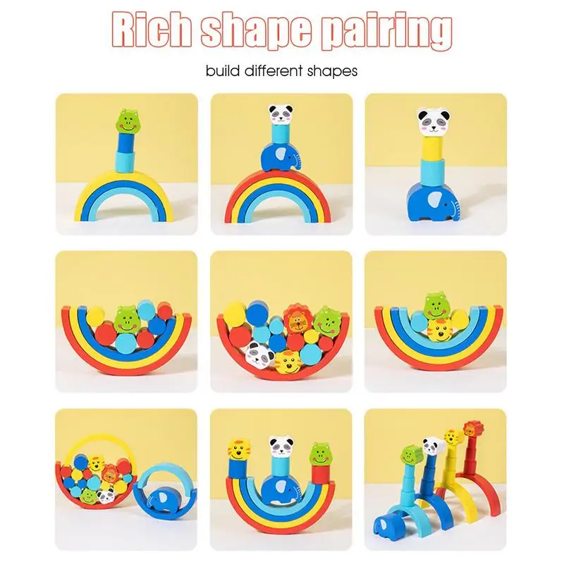 Wooden Rainbow Stacking Toys Creative Color Shape Matching Jigsaw Learning Toy Wooden Rainbow Stacker Nesting Puzzle Blocks