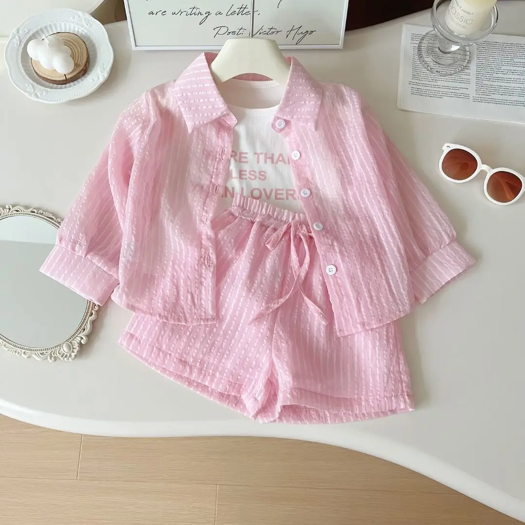 

Clothing Sets Striped Shirt + Monogram Print Vest + Shorts 3pcs Sets Kids Clothes Girls for 2 To 7 Years Outfit Set