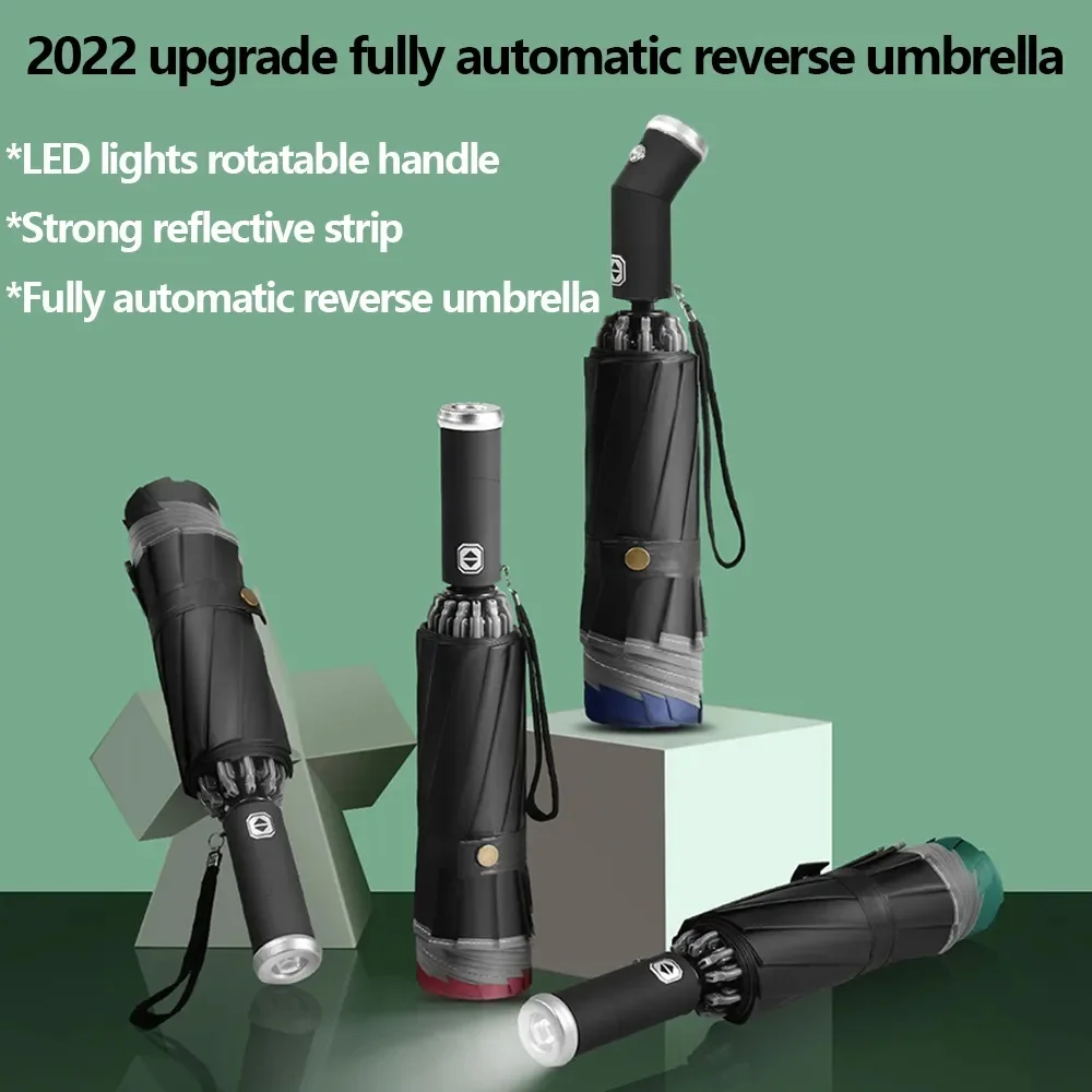 Fully Automatic Reverse Folding Umbrella With LED Flashlight 10Ribs Windproof Reflective Stripe UV Umbrellas For Sun Or Rain Day