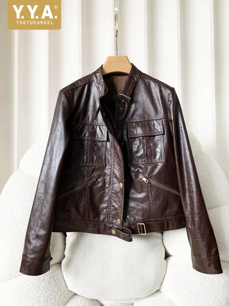

Retro Female Zipper Genuine Leather Short Jacket Fashion Long Sleeves Stand Collar Solid Color Sheepskin Motorcycle Outwear