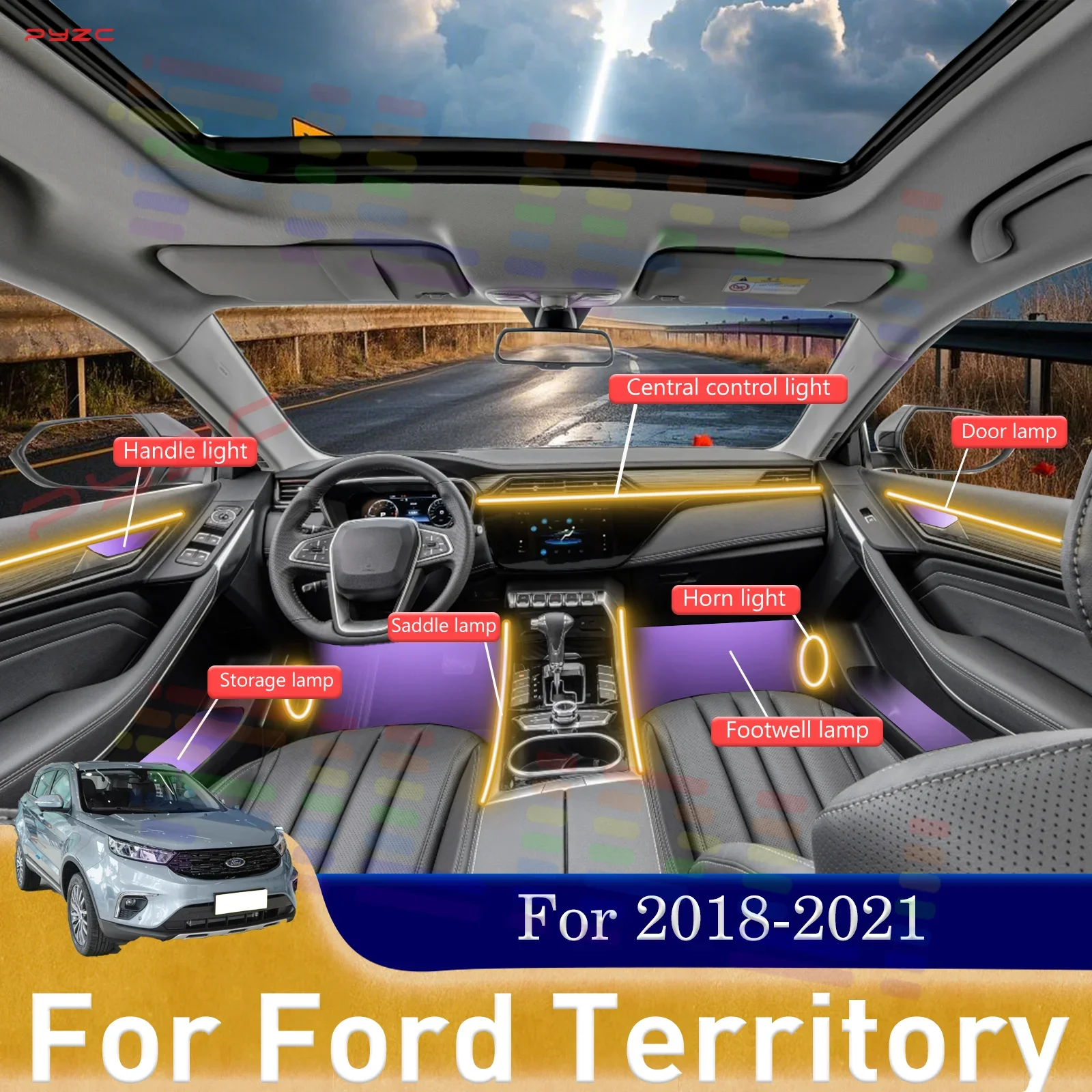 

Для Ford Territory салон автомобиля декоративный окружающий свет RGB 64-цветный светодиодный быстросъемный монтажный комплект для 2018-2021 гг.