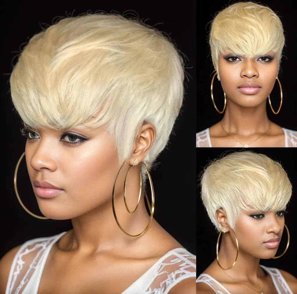 Honey Blonde Glod 613# Cheap Synthetic Short Hair Pixie Cut Straight With Bangs Style Machine Made No Glue Wigs For Women