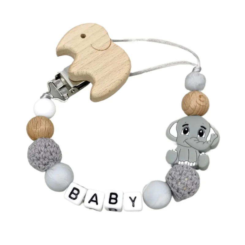 Gepersonaliseerde Engelse Naam Baby Siliconen Olifant Kralen Fopspeen Clip Tepel Dummy Houder Ketting Peuter Speelgoed Baby Shower Cadeau