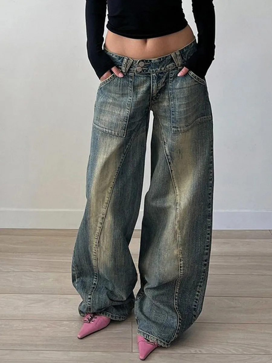 

Spring Women's Clothing Slimming Relaxed Fit Casual Wear Wide Leg Jeans For Woman Vintage Washed Denim Mid Waist Straight Cut